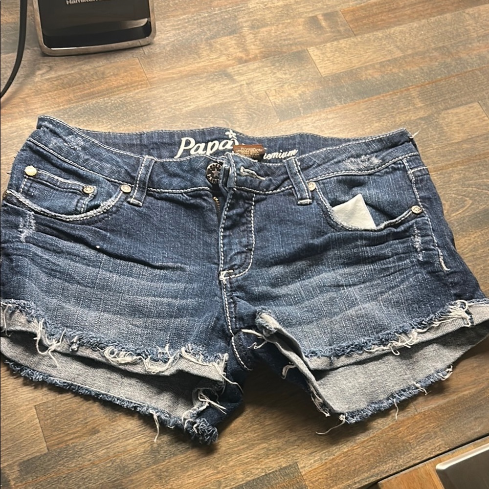Blue Jean Shorts with Frayed Hem and Distressed Look